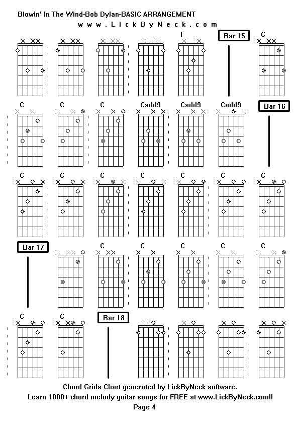 Chord Grids Chart of chord melody fingerstyle guitar song-Blowin' In The Wind-Bob Dylan-BASIC ARRANGEMENT,generated by LickByNeck software.